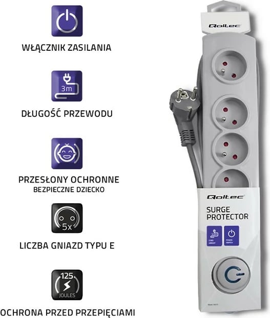 Prizë me mbrojtje Qoltec 50272, 5 dalje, 3m, Gri