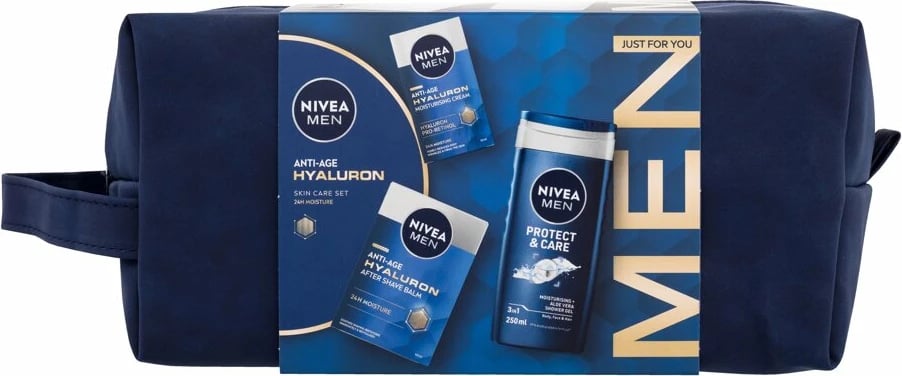 Set për meshkuj Nivea Aftershave Balm Men Hyaluron 100ml, Daily Facial Cream Men Hyaluron 50ml, Shower Gel Protect & Care 250ml me çantë kozmetike