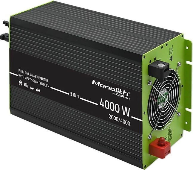 Invertor solar 3-në-1 Qoltec Monolith 51914, 2000W/4000W, 12V në 230V, MPPT, valë e pastër, zi/gjelbër Invertor solar 3-në-1 Qoltec Monolith 51914, 2000W/4000W, 12V në 230V, MPPT, valë e pastër, zi/gjelbër