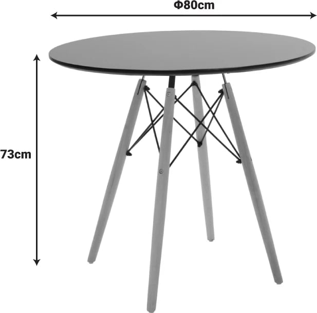 Tavolinë ngrënie Julita, sipërfaqe MDF, këmbë natyrale, e zezë, 80x73cm