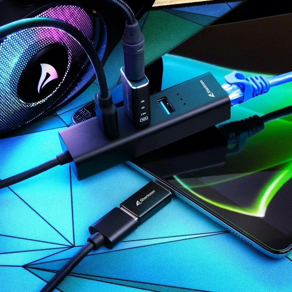 USB hub Sharkoon 3-Port USB 3.2 Gen 1 Alu Hub + Ethernet, Type-C adapter, zi