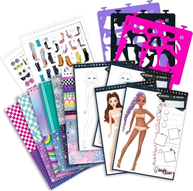Set dizajni mode Epee Style 4 Ever, Sketchbook me shabllone dhe ngjitëse, për vajza, 20 stile