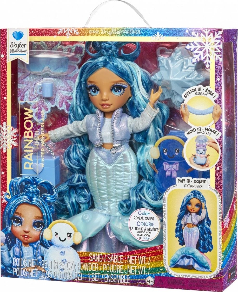 Kukull Rainbow High Winter Wonderland Skyler, 11 inç, me borë magjike dhe aksesorë, Blu