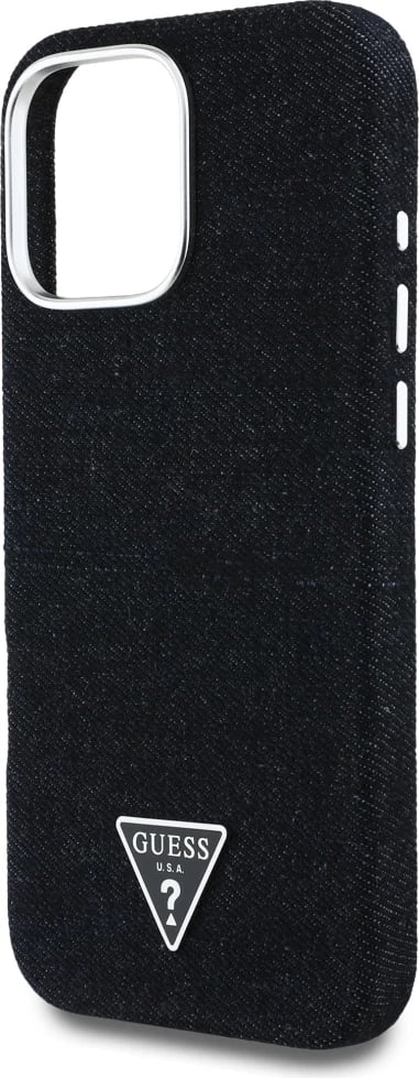 Mbështjellës Guess Denim Triangle Logo MagSafe për iPhone 16 Pro, i zi