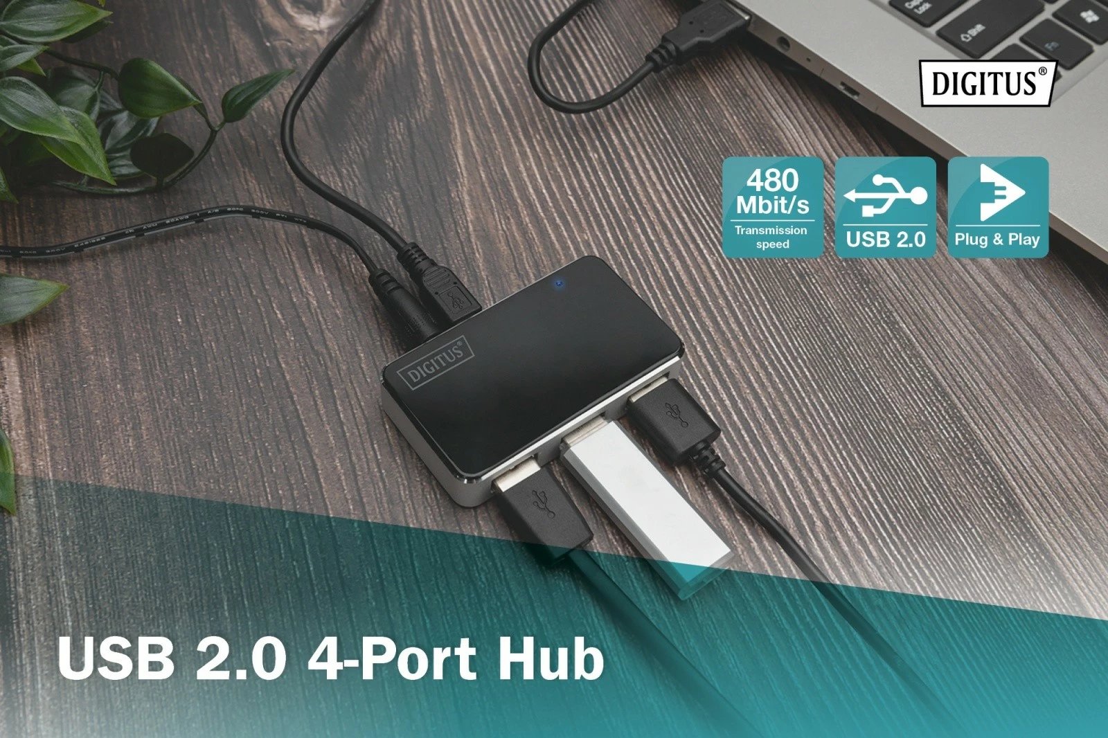 HUB USB Digitus DA-70220, 4 porta, aktiv, zi-argjendtë