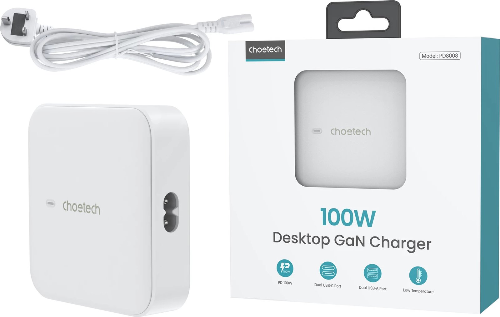 Karikues muri Choetech PD8008, 100W, 2x USB-C, 2x USB-A, i bardhë