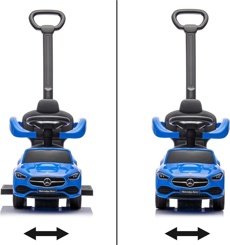 makinë ride-on me dorezë udhëzuese, Milly Mally Mercedes C-Class Deluxe, sedilje eko-lëkurë, goma gome, tinguj timoni, ngarkesë 25 kg, 12–36 muaj, blu