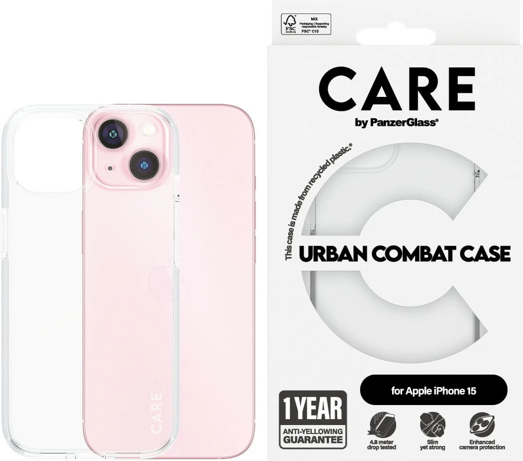 Mbështjellës PanzerGlass CARE Case Flagship Clear për iPhone 15, transparent