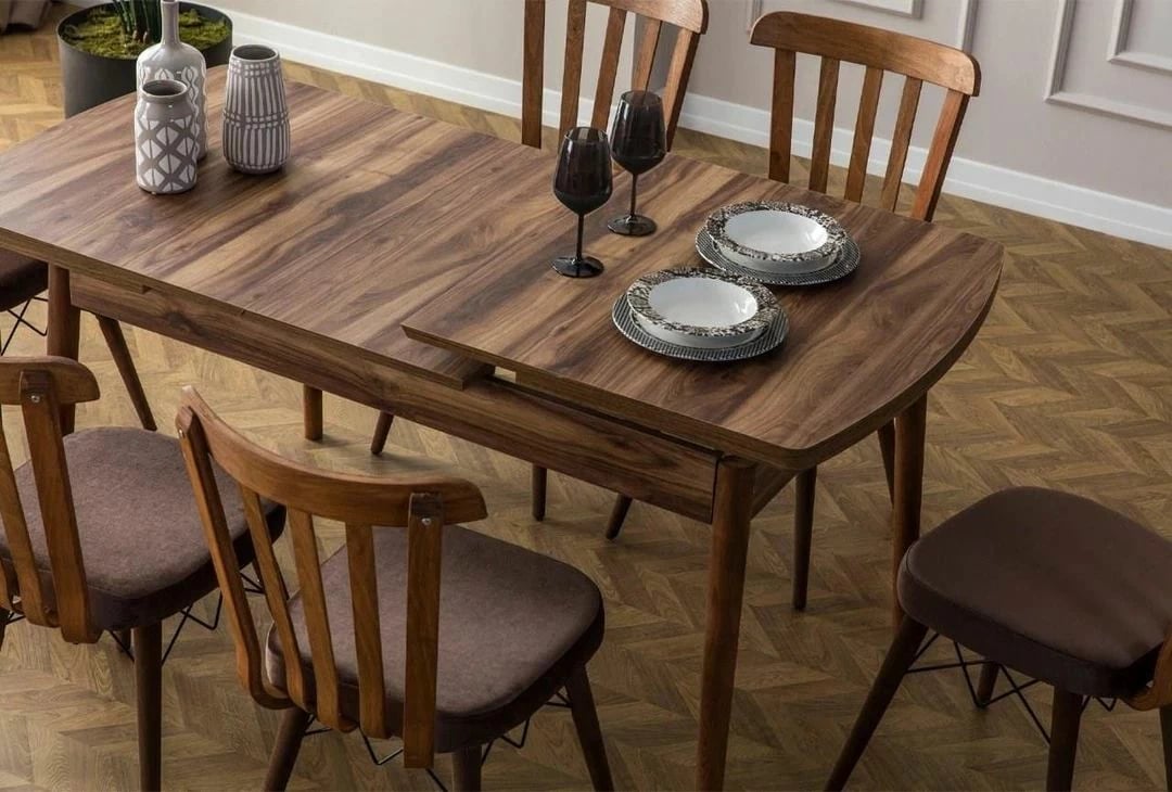 Tavolinë me karrige, set 7 pjesësh, ngjyrë kafe, Fergana, Skye Decor