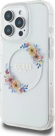 Mbështjellës Guess Flowers Wreath MagSafe për iPhone 16 Pro, Transparent