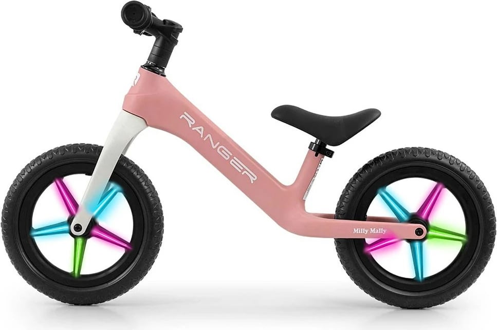 Biçikletë pa pedale për fëmijë, Milly Mally Ranger Flash, 12\" EVA, kornizë kompozite, rrota me LED, peshë 2.8 kg, rozë