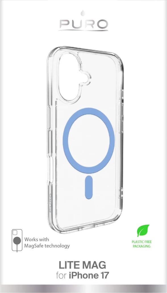 Mbështjellës Puro Lite Mag për iPhone 17, MagSafe, transparent me unazë blu
