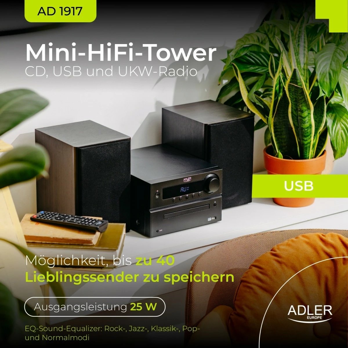 Mini sistem Hi-Fi, Adler, AD1917, CD, Bluetooth 5.3, HDMI ARC, FM, 2.0 50W, e zezë