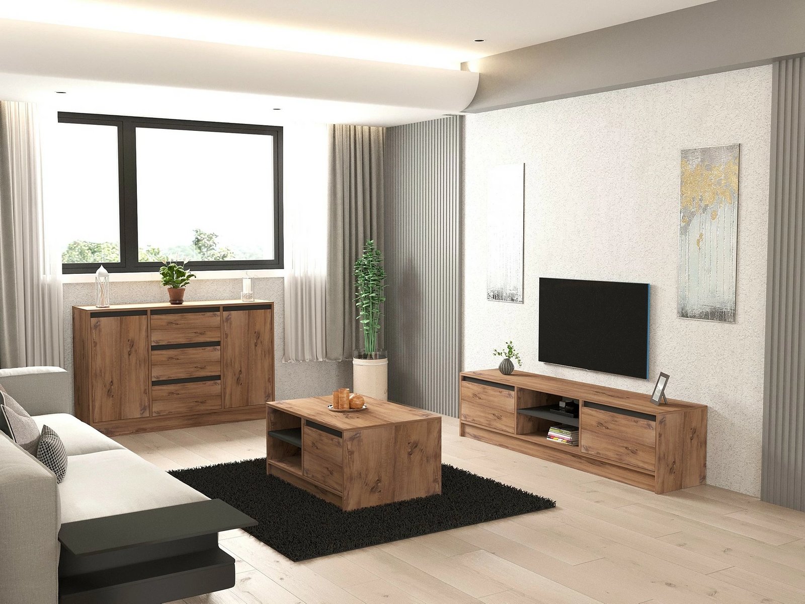 Set mobiljesh për dhomë dite, ngjyrë pishë Atlantike, antracit, Skye Decor