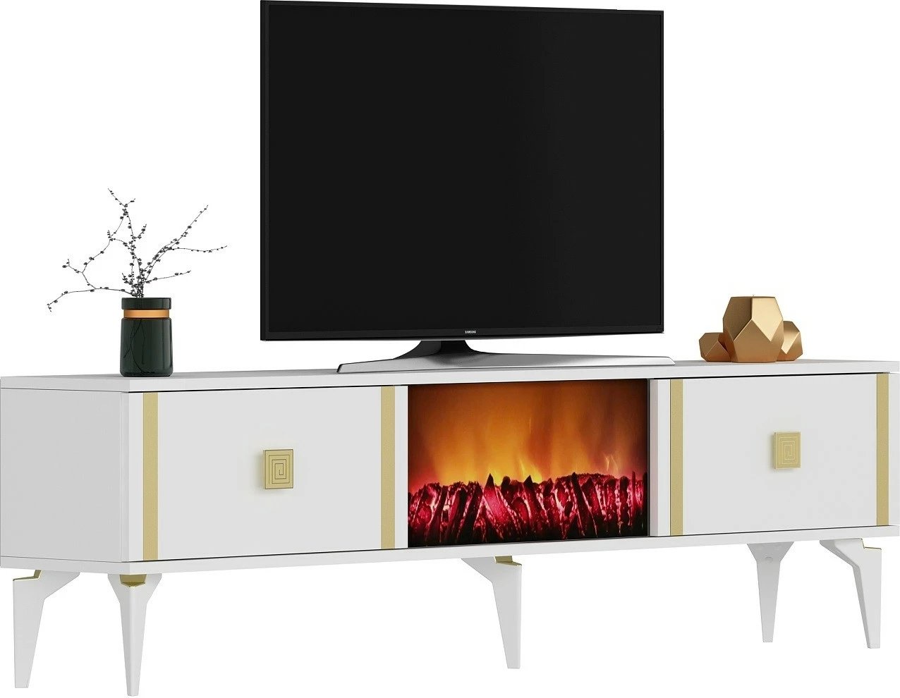 Komodë TV me oxhak elektrik, ngjyrë e bardhë dhe ari, Skye Decor, Doruk Fireplace