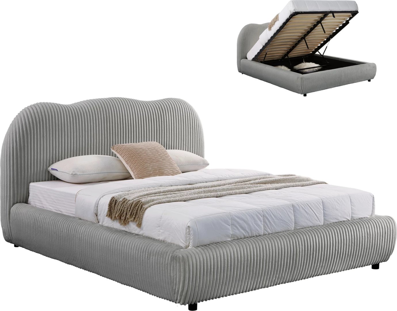 Krevat dopio me hapësirë për depo, material pelushi sintetik, ngjyrë gri, KALLY FH729.01, dyshek 160x200cm