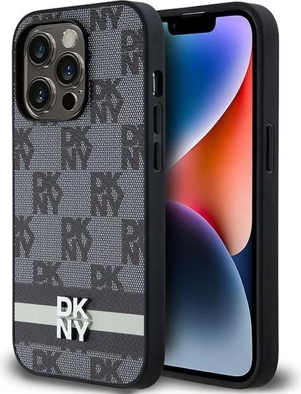 Mbështjellës DKNY Leather Checkered Mono Pattern & Printed Stripes për iPhone 14 Pro, i zi