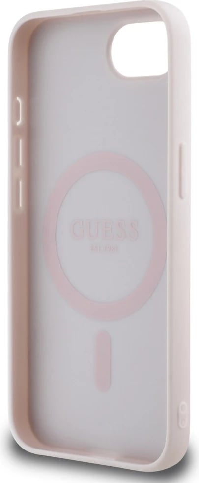 Mbështjellës Guess Grained Hot Stamp Peony Triangle Logo MagSafe për iPhone 16e, Bezhe
