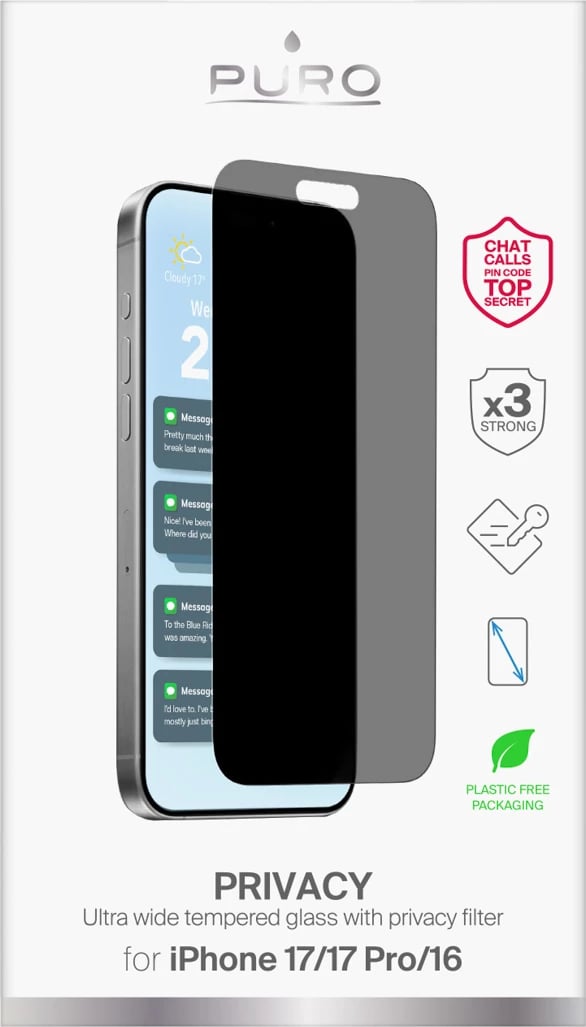 Xham mbrojtës privatësie Puro Privacy për iPhone 17, iPhone 17 Pro, iPhone 16