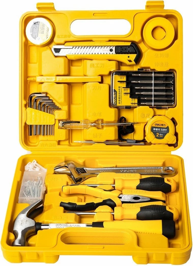 Set veglash Deli Tools EDL1028J, 28 copë, me kasë, e verdhë