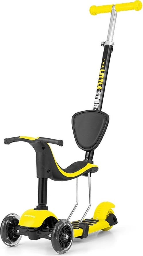 Trotinet 3-në-1, Milly Mally, Little Star, me ulëse dhe shufër prindi, 3 rrota, drita në rrota, i rregullueshëm, e verdhë