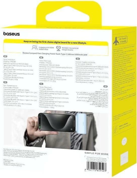 Powerbank Baseus Compact P10068306313-00, 5000mAh, 20W, Blu