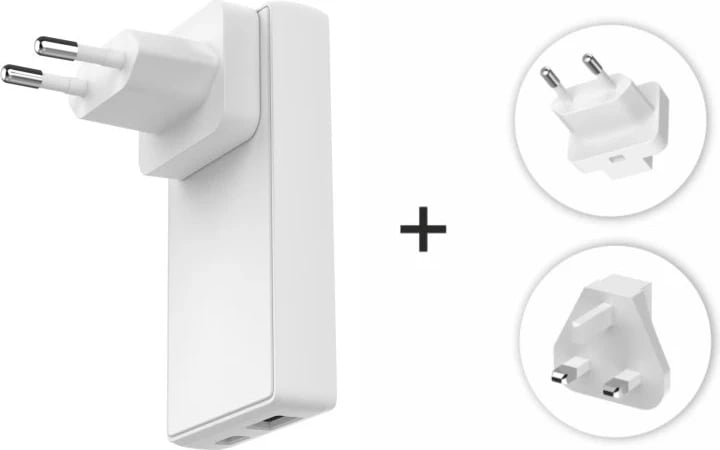 SWISSTEN KARIKUES GaN USB-C + USB-A 45W me priza të ndërrueshme (SHBA, BE, Britani e Madhe)