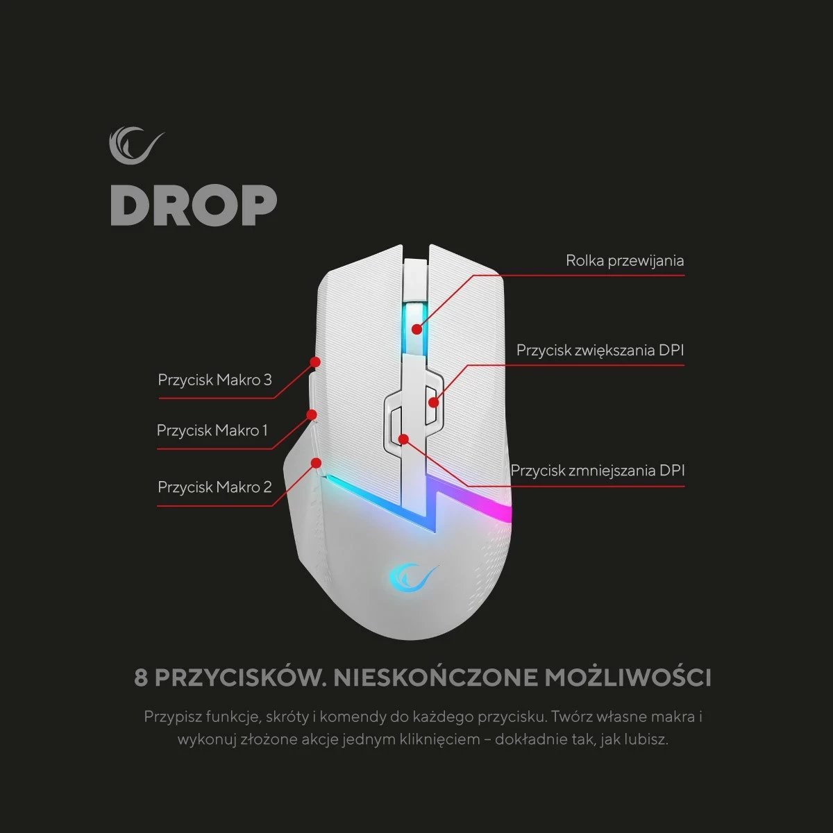 Maus Rampage DROP M3 RGB 1000Hz 10000 DPI i bardhë
