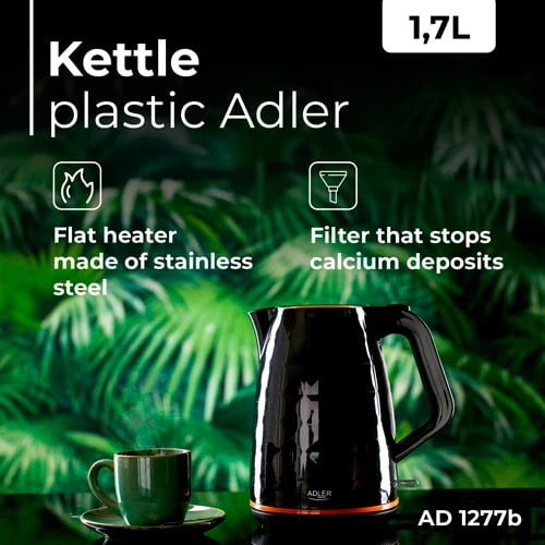 Çajnik elektrik, Adler, AD 1277, 1.7 L, 2200W, plastikë, bazë 360°, i zi