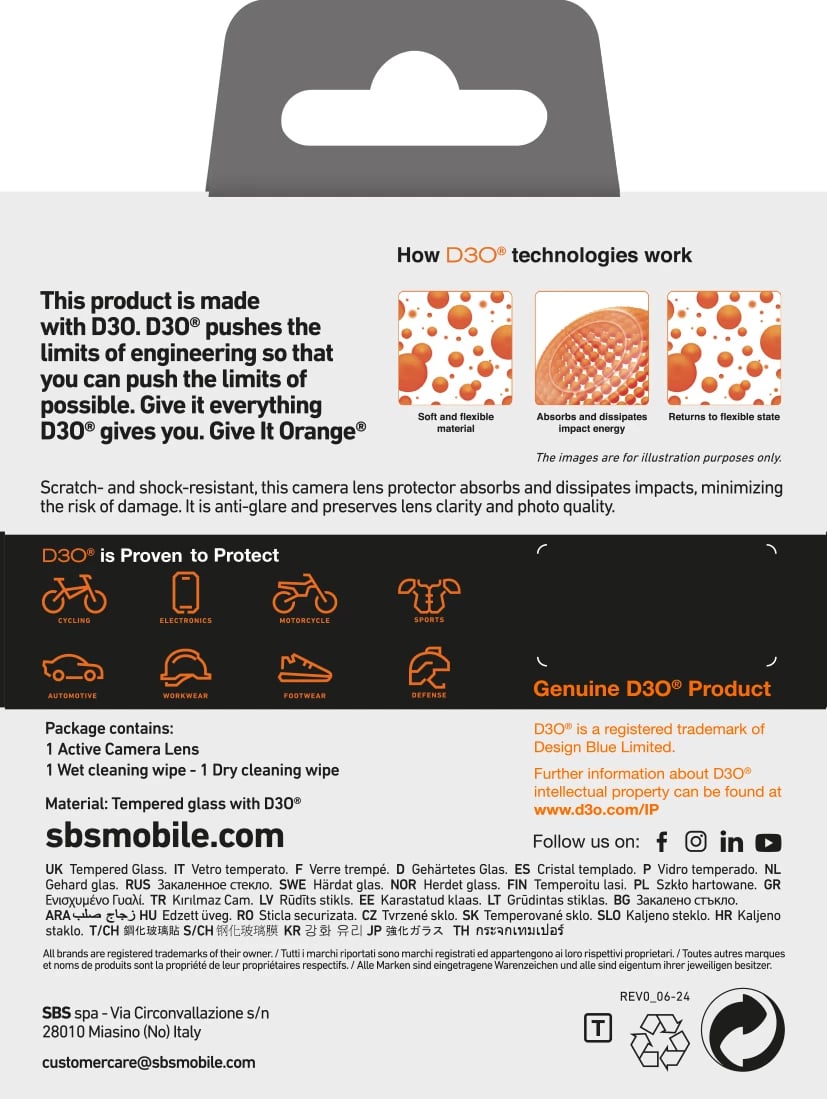 Xham i temperuar për kamera, SBS Active D3O, për iPhone 16 / 16 Plus