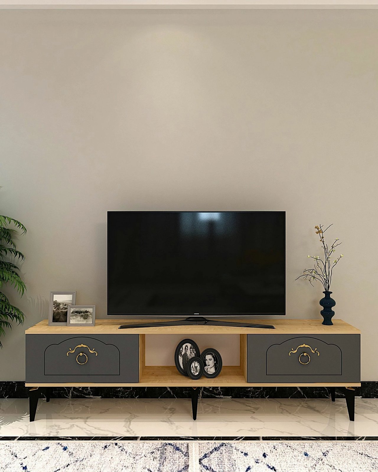 Komodë TV Skye Decor, ngjyrë lis safir dhe antracit