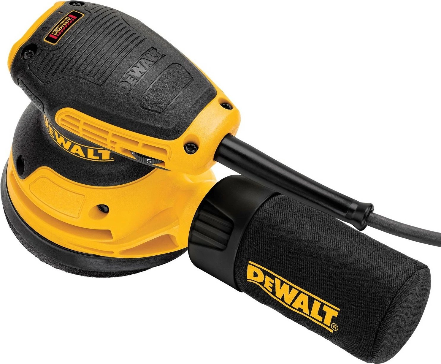 Lëmues orbital DeWALT 125mm 280W, zi/verdhe