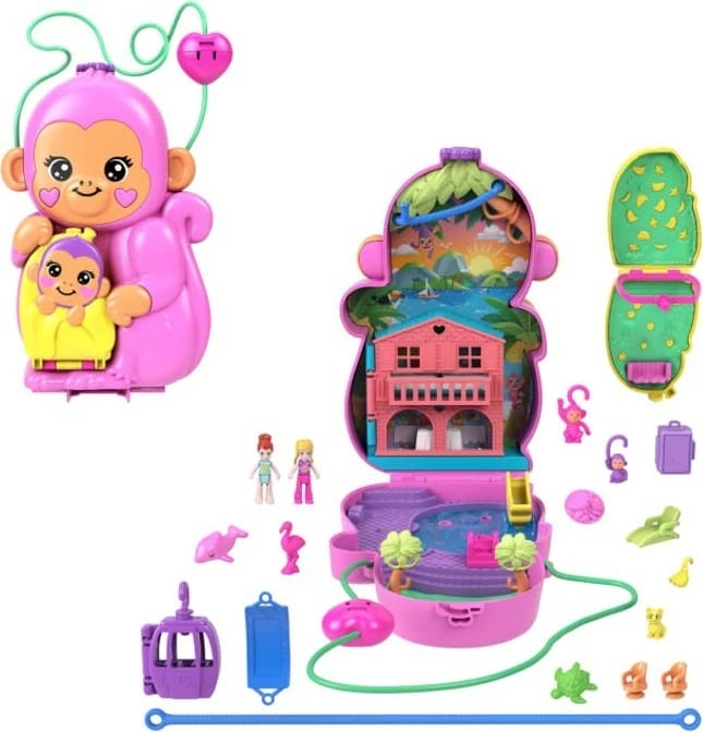 Set lodrash Polly Pocket Compact Monkey Bag, Mattel, HWP04, me figurina dhe aksesorë, Rozë