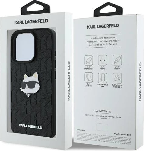 Mbështjellës Karl Lagerfeld Monogram Choupette Head Pin për iPhone 16 Pro Max, i zi