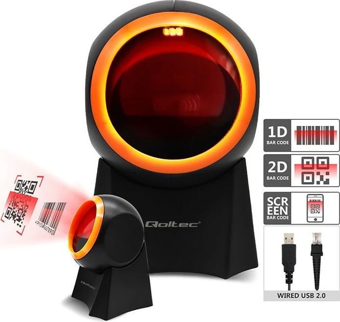 Skaner barkodësh desktop Qoltec 50857, 1D/2D, USB, zi/portokalli