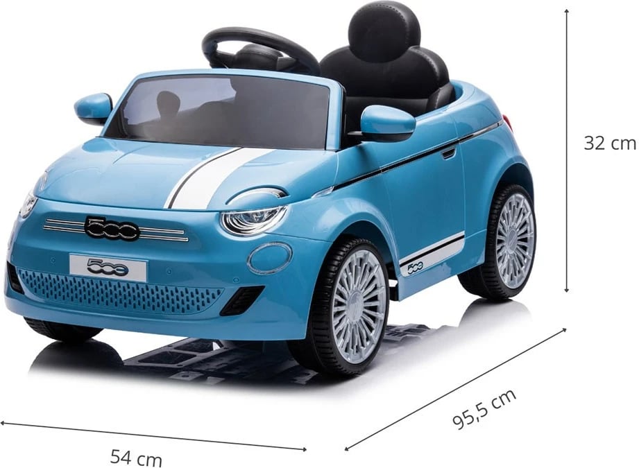 makinë elektrike për fëmijë, Milly Mally, Fiat 500e, 12V dy motorë 390, 3 shpejtësi 3–6 km/h, telekomandë prindërore, USB Bluetooth LED, blu