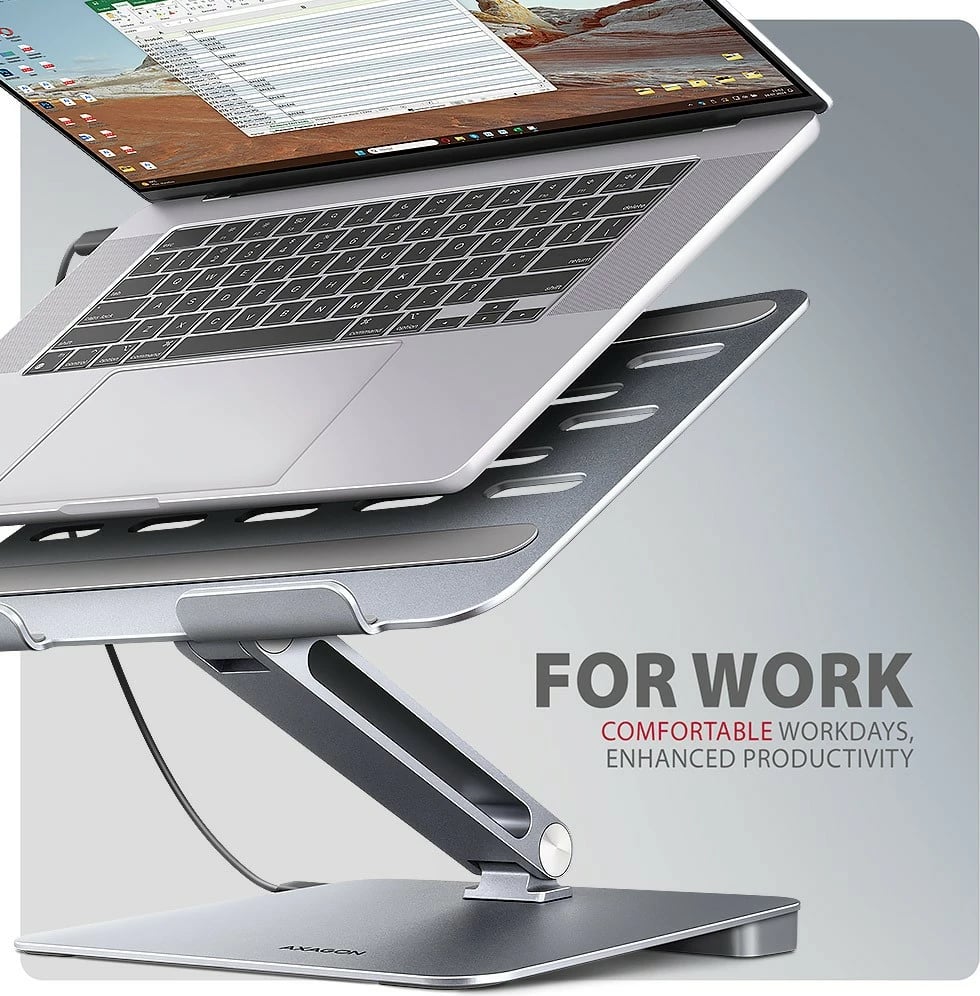 Mbajtës me hub 7-në-1 AXAGON HMC-STND, për laptop 10"-16", alumini, 3x USB-A, HDMI 4K, RJ-45, PD 100W, argjendtë