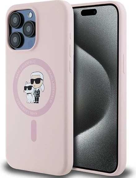 Mbështjellës Karl Lagerfeld Silicone Karl & Choupette MagSafe për iPhone 15 Pro, Rozë