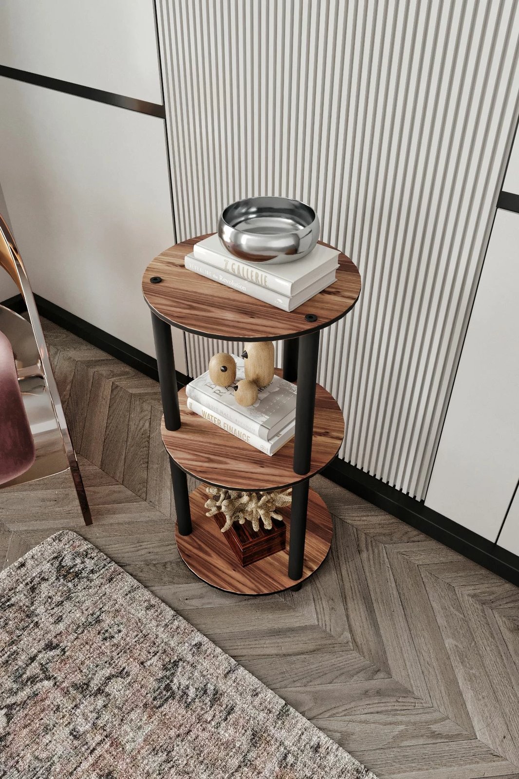 Raft librash, 3 kate, i rrumbullakët, ngjyrë arre, Skye Decor