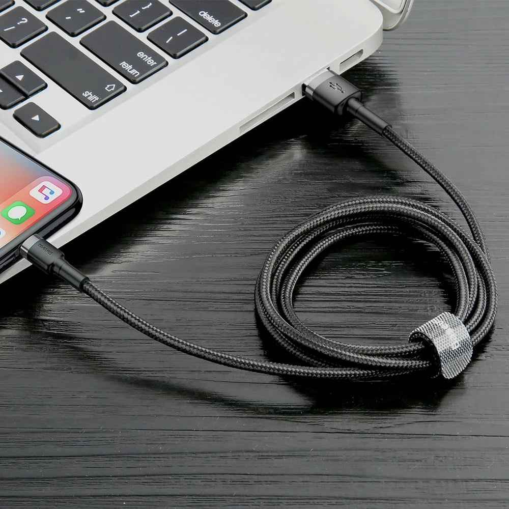 Kabllo Baseus Cafule CALKLF-AG1, USB-A në Lightning, 0.5m, 2.4A, QC 3.0, e zezë-gri