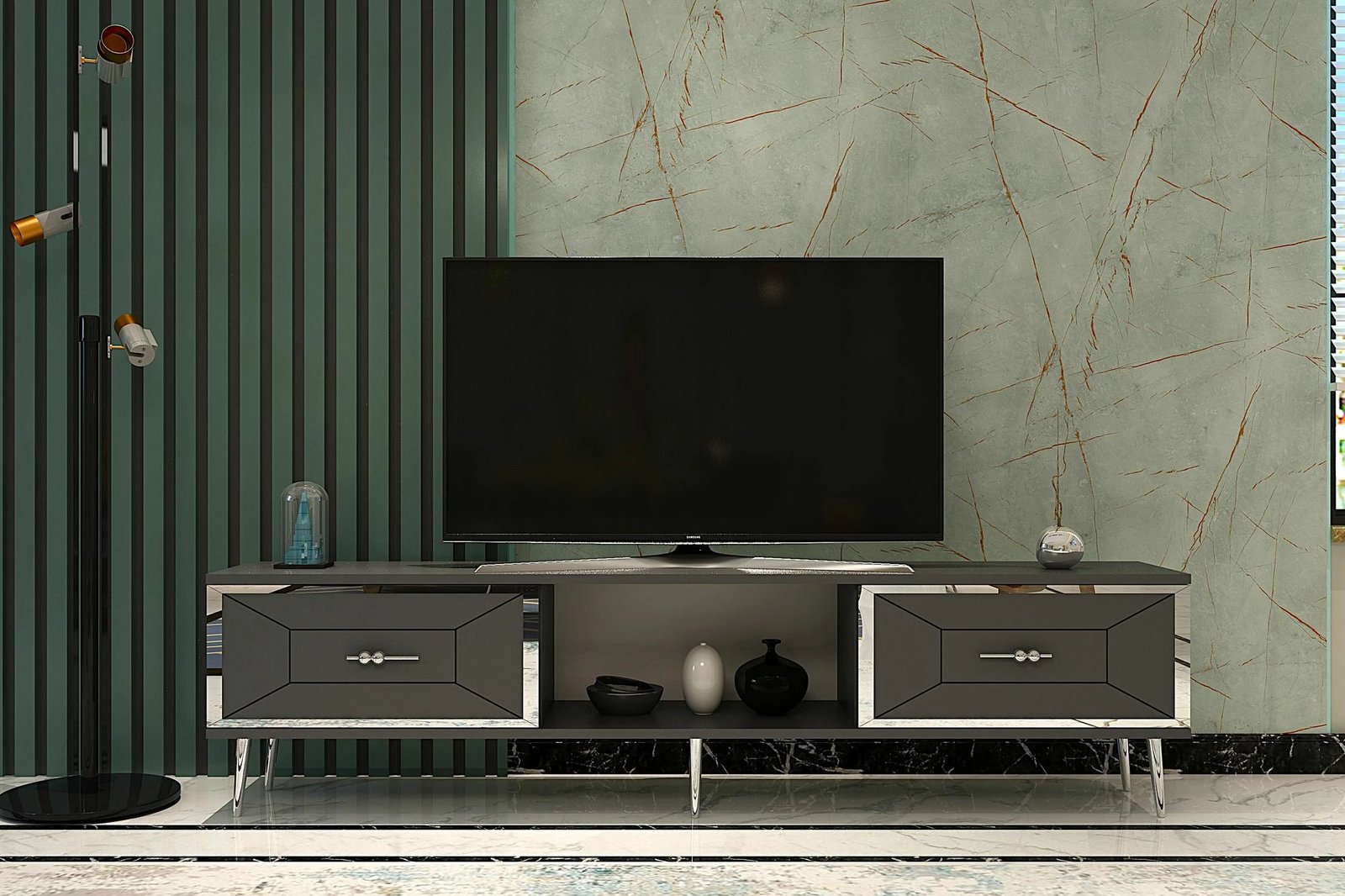 Komodë TV Skye Decor, ngjyrë antracit dhe argjendi, Arno