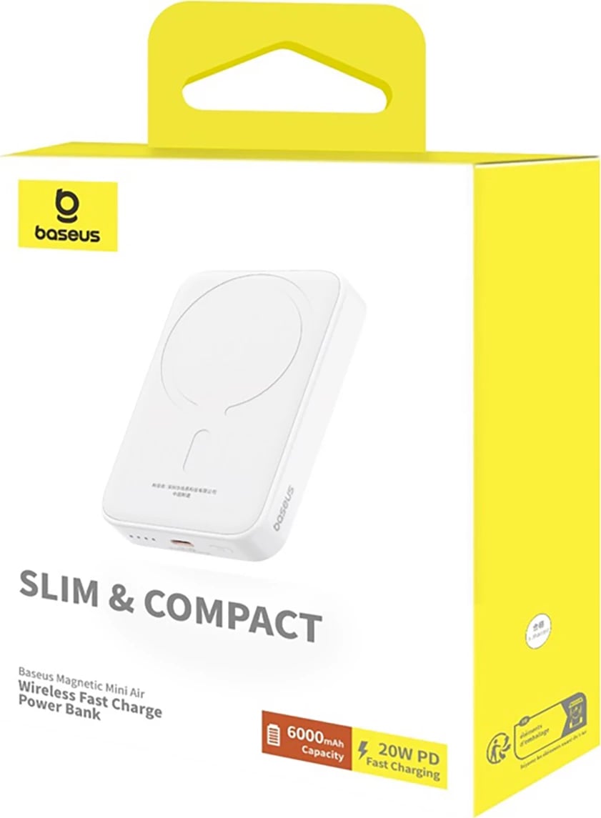 Powerbank Baseus Magnetic Mini Air PPCXM06A, 6000mAh, 20W, MagSafe, me kabllo USB-C, Bardhë