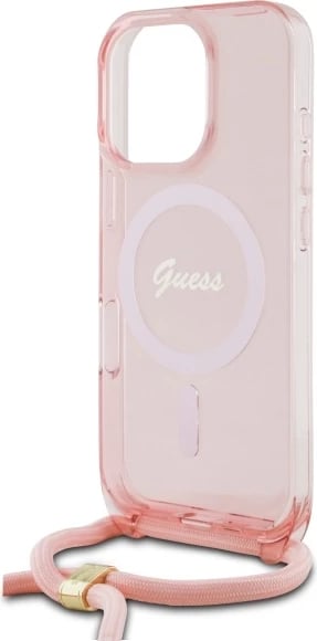 Mbështjellës Guess Crossbody Cord Script MagSafe për iPhone 16 Pro Max, Rozë