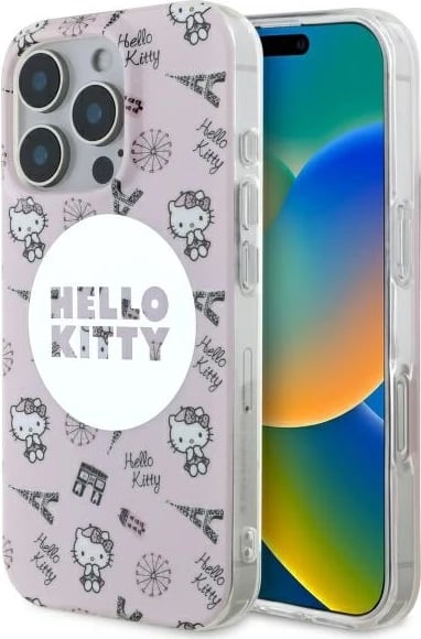 Mbështjellës Hello Kitty IML All Over Paris MagSafe për iPhone 16 Pro, Rozë