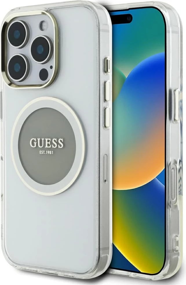 Mbështjellës Guess IML Metal Colored Circle Classic Logo MagSafe për iPhone 16 Pro, Gri