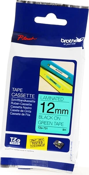 Kasetë etiketuese Brother TZE-731, 12 mm, 8 m, e laminuar, e zezë mbi të gjelbër