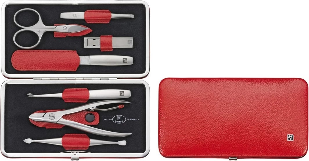 Set udhëtimi për manikyr/pedikyr Zwilling Twinox, 7 pjesë, lëkurë e kuqe