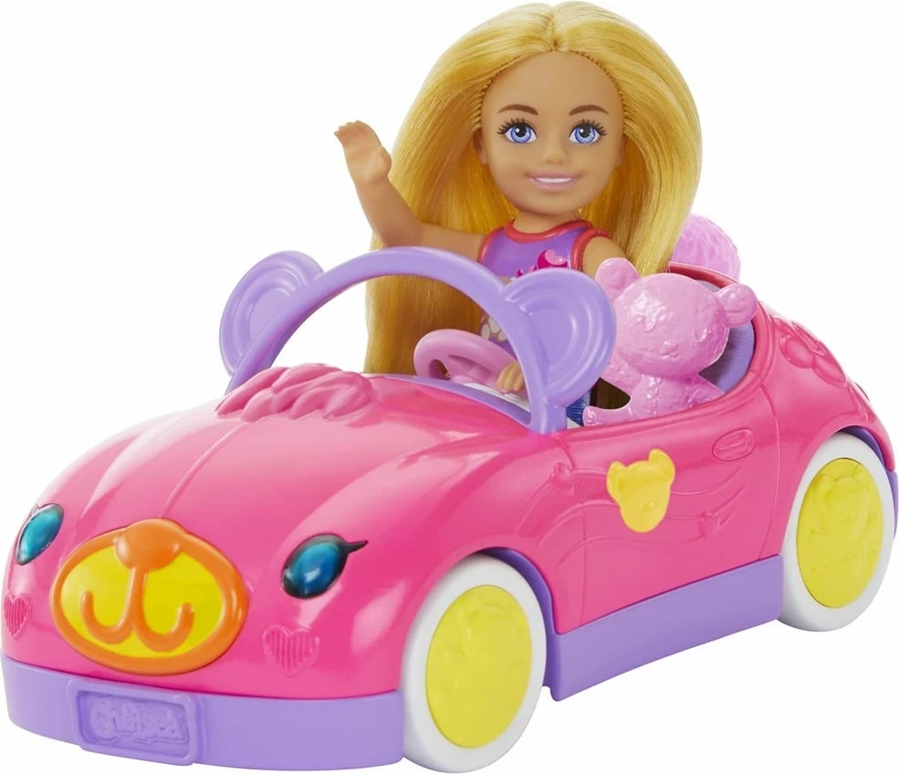 Set lodrash Barbie Chelsea me kukull të vogël bionde, makinë lodër dhe ariush, shumëngjyrëshe