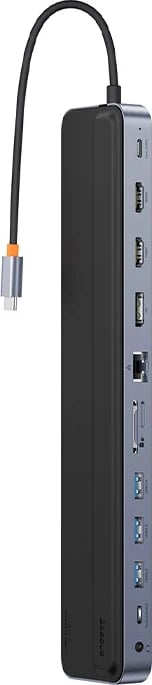 Kasë Baseus EliteJoy Gen2 12në1, USB-C, 2xHDMI, 3xUSB 3.0, PD, DP, SD/TF, RJ45, Type-C, 3.5mm, Gri e errët