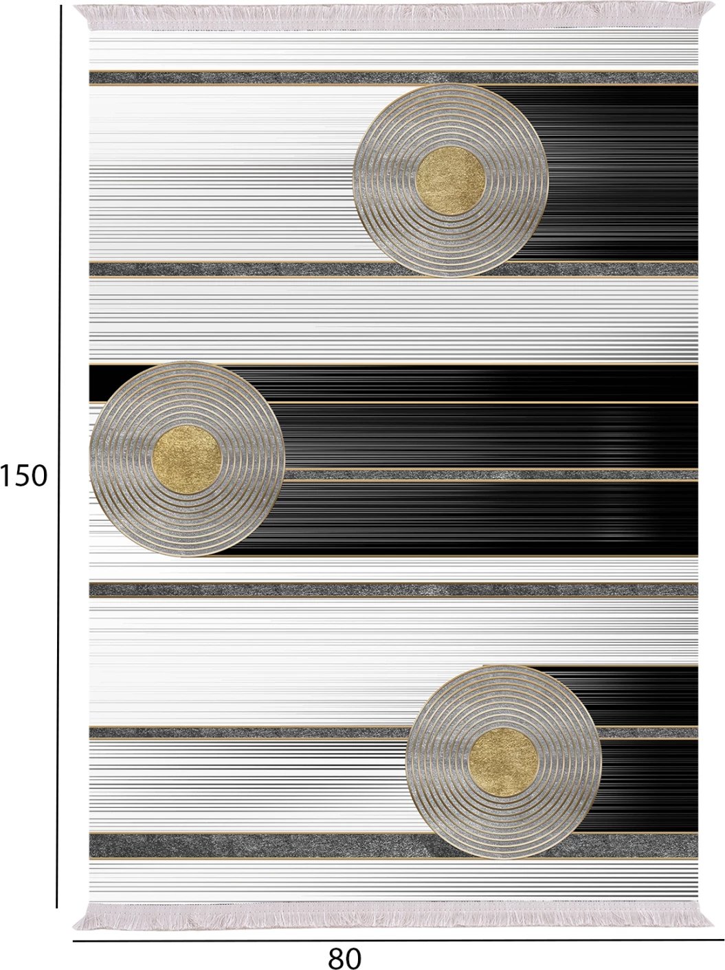 Qilim për dhomë ndeje me franja, ngjyrë bardhë-zi-ari, 80x150cm, FH7676.24